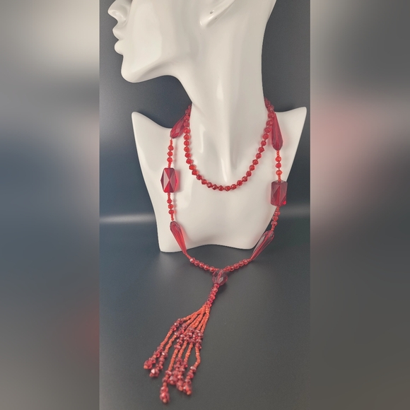 Art Deco Jewelry - Antique 1920s Czech Red Glass Flapper Necklace Art Deco Beads 23” w/ Tassel